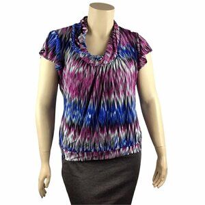 Worthington Top Size XL Pink Blue Multicolor Print Cap Sleeves Cowl Neck